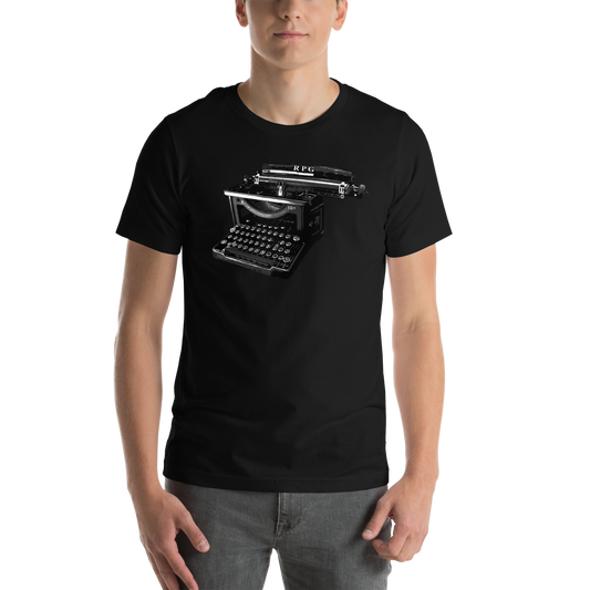 Man wearing Radical Riffs The Writer Type Tee in Black featuring a vintage typewriter graphic